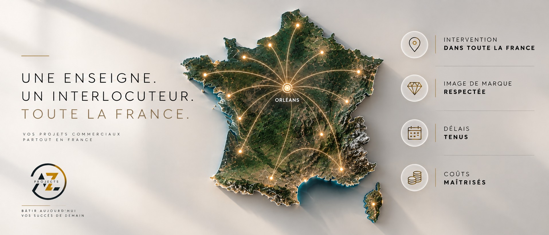 Une enseigne, un interlocuteur, toute la France — carte d'intervention nationale AZ Projects depuis Orléans