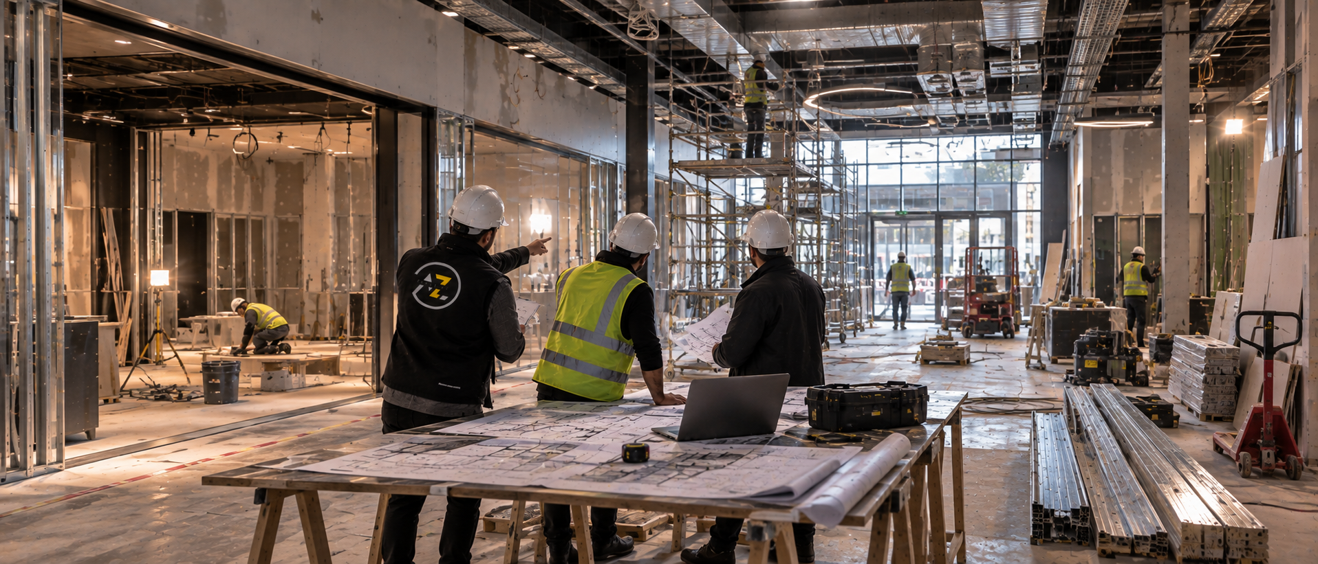 Équipe AZ Projects sur un chantier, étude des plans et suivi de travaux
